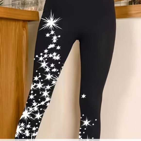Pants - Womens' Black w/White  Star Print Leggings Sizes S/4-XL/12